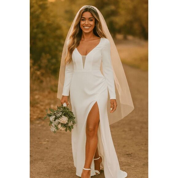 Lulu’s White Long Sleeve Maxi Dress | L | V-Neck | Mesh Insert | Formal Gown - Picture 1 of 13